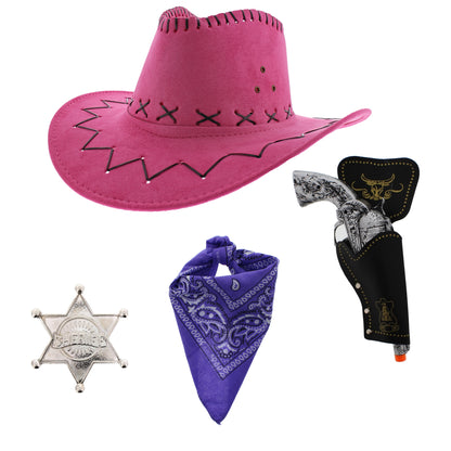 Assorted Colour 4 Piece Cowboy Set - Pink Hat, Assorted Bandanas