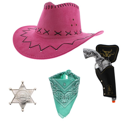 Assorted Colour 4 Piece Cowboy Set - Pink Hat, Assorted Bandanas
