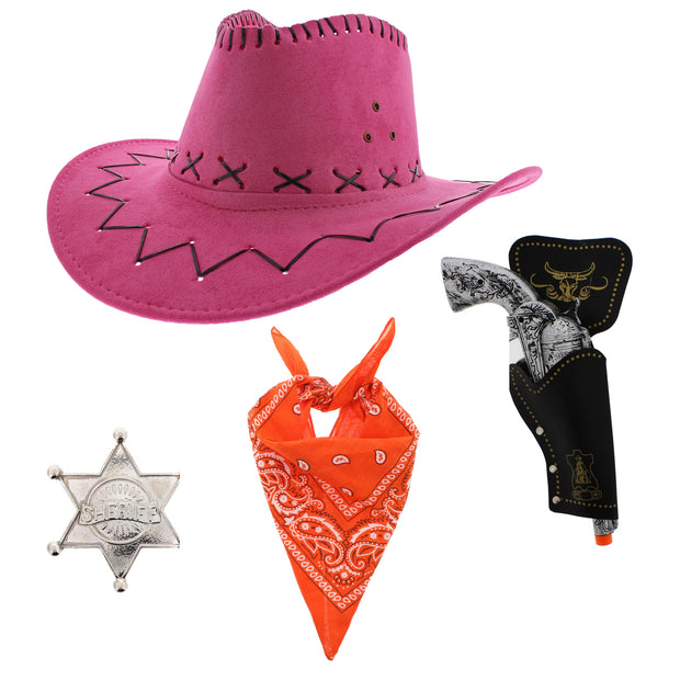 Assorted Colour 4 Piece Cowboy Set - Pink Hat, Assorted Bandanas