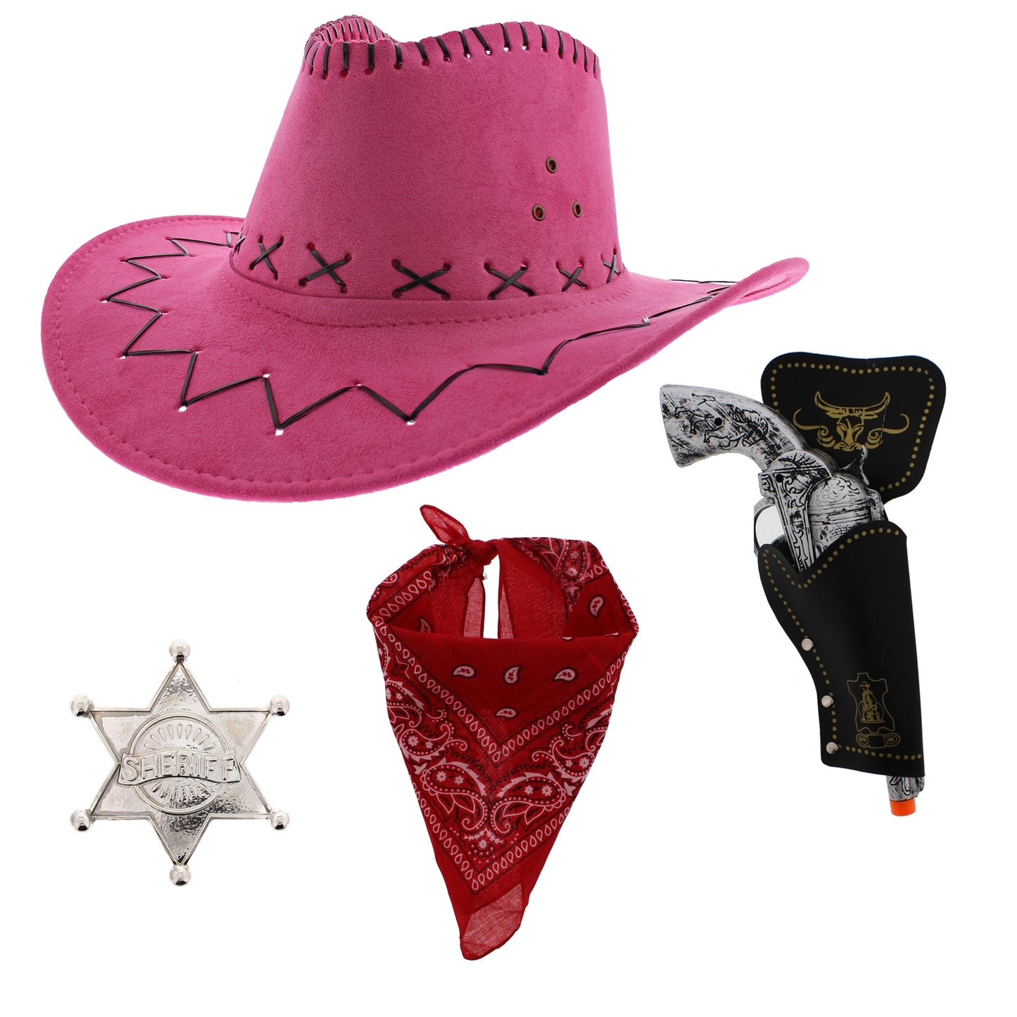 Assorted Colour 4 Piece Cowboy Set - Pink Hat, Assorted Bandanas