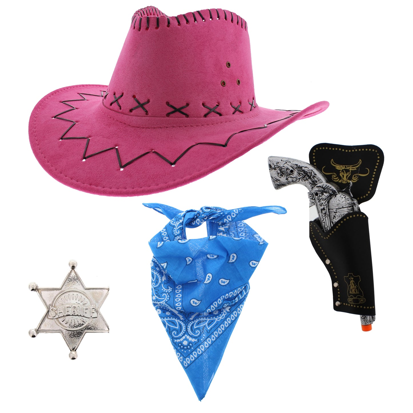 Assorted Colour 4 Piece Cowboy Set - Pink Hat, Assorted Bandanas