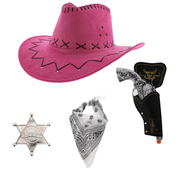Assorted Colour 4 Piece Cowboy Set - Pink Hat, Assorted Bandanas