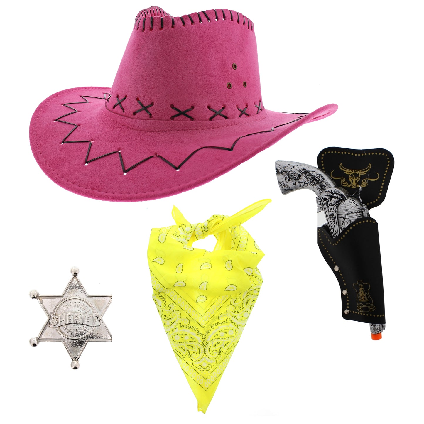 Assorted Colour 4 Piece Cowboy Set - Pink Hat, Assorted Bandanas