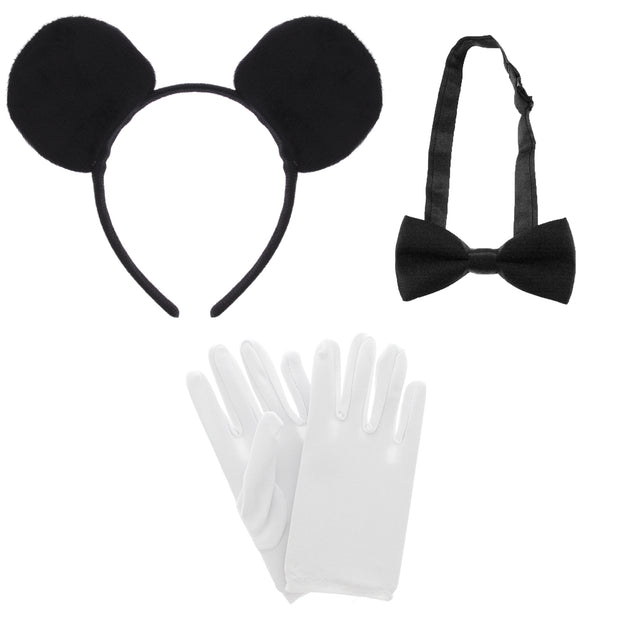 3 Piece World Book Day Set - Mouse Ears Headband, Pair of Small White Gloves & Small Black Dickie Bow Tie (Children)