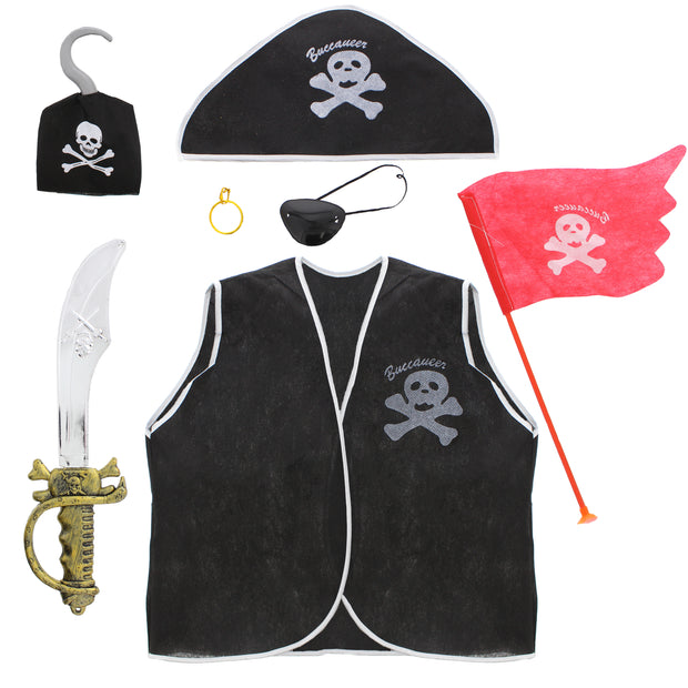 7 Piece Pirate Kit - Hat, Eye Patch, Vest, Flag, Clip on Earring, Sword & Hook