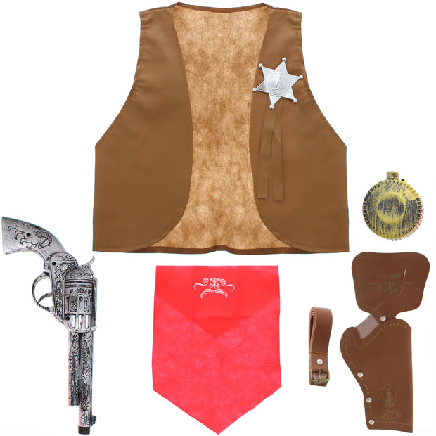 5 Piece Cowboy Kit - Vest with Sheriff Badge, Flask,  Neckerchief, Holster & Gun