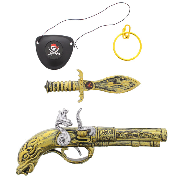 4 Piece Pirate Kit - Eye Patch, Clip on Earring, Dagger & Gun