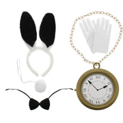 5 Piece Alice in Wonderland Kit - Gloves, Oversized Pocket Watch Necklace, Bunny Headband, Bow Tie & Tail