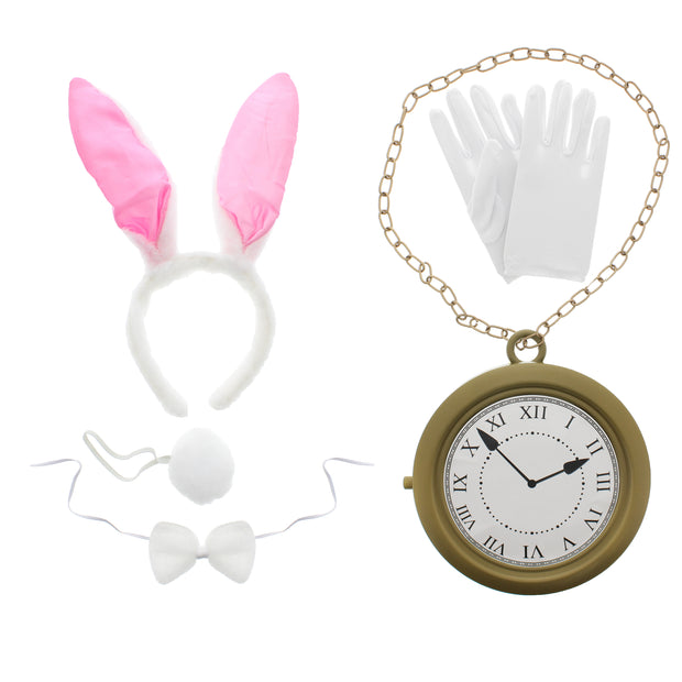 5 Piece Alice in Wonderland Kit - Gloves, Oversized Pocket Watch Necklace, Bunny Headband, Bow Tie & Tail