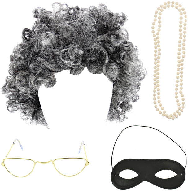 4 Piece Granny Kit - Gangster Granny Wig, Bead Necklace, Glasses & Mask