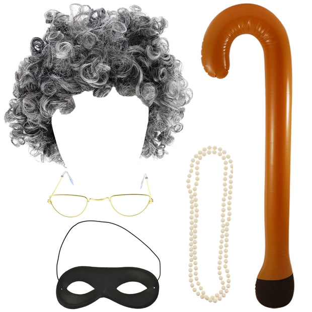 5 Piece Granny Kit - Gangster Granny Wig, Bead Necklace, Glasses & Mask