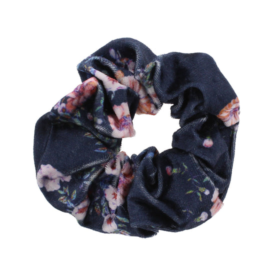 Grey Blue Velvet Floral Print Hair Scrunchies
