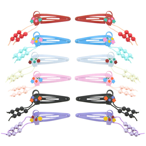12 on a Card Assorted Colour 5cm Pearl & Flower Basket Metal Snapclips
