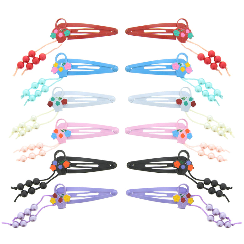 12 on a Card Assorted Colour 5cm Pearl & Flower Basket Metal Snapclips