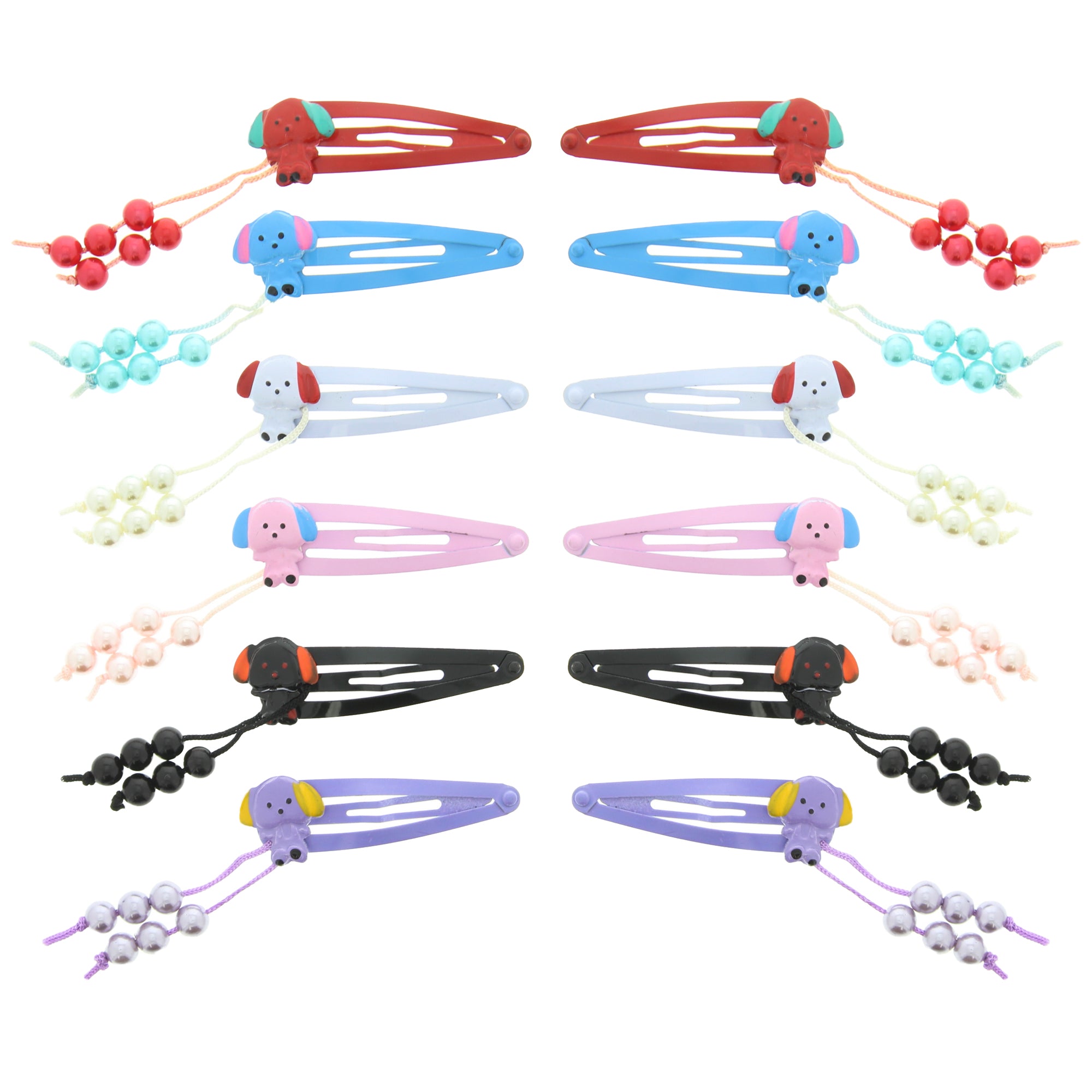 12 on a Card Assorted 5cm Pearl & Puppy Metal Hair Snapclips