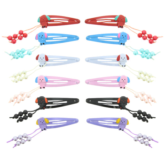 12 on a Card Assorted Colour 5cm Pearl & Puppy Metal Snapclips