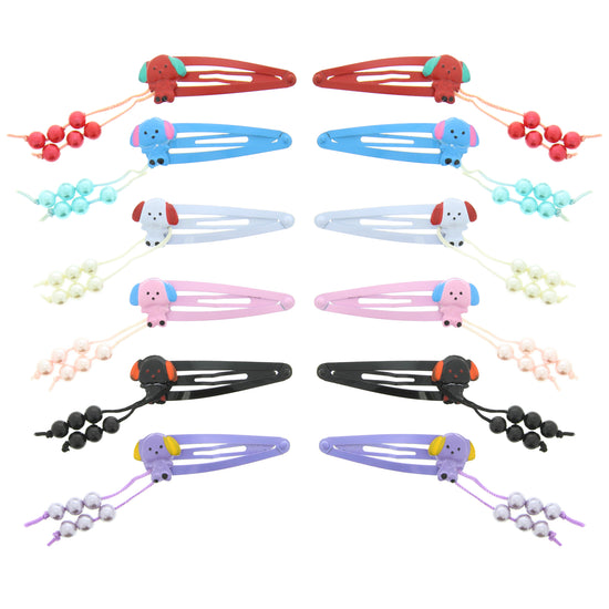 12 on a Card Assorted 5cm Pearl & Puppy Metal Hair Snapclips