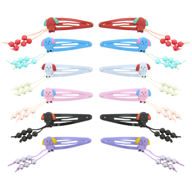 12 on a Card Assorted Colour 5cm Pearl & Puppy Metal Snapclips