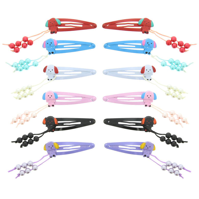 12 on a Card Assorted Colour 5cm Pearl & Puppy Metal Snapclips