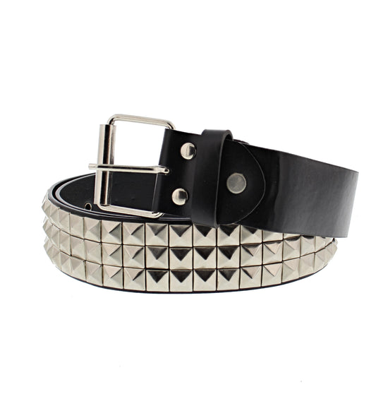 3 Row Silver Pyramid Black PU Studded Belt