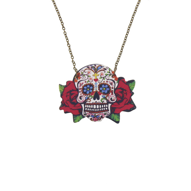 Sugar Skull with Roses Necklace