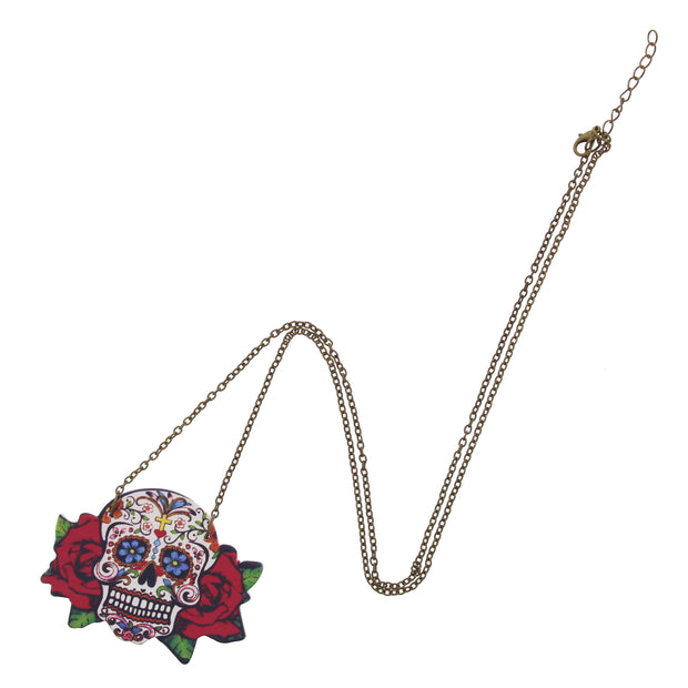 Sugar Skull with Roses Necklace