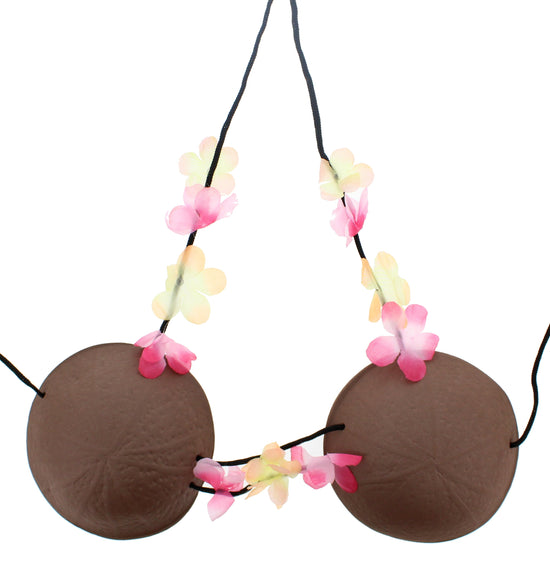 Coconut Bra with Hawaiian Flowers Attached
