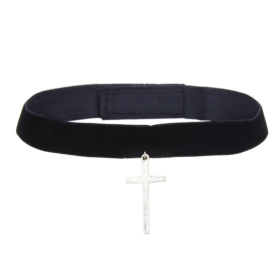 Black Velvet Choker with Large Silver Cross