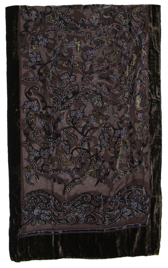 Brown Red Silver Leaf Devore Velvet Scarf with Border