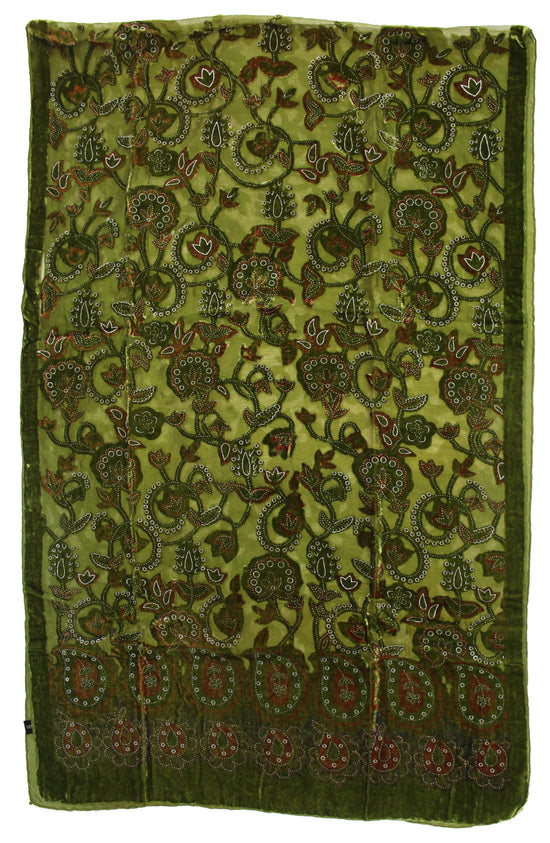 Green Leaf Patterned Devore Velvet Scarf