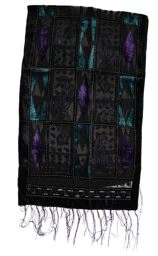Purple & Teal Diamond Devore Velvet Scarf with Border