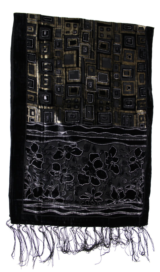 Black Brown with Leaf Devore Velvet Scarf