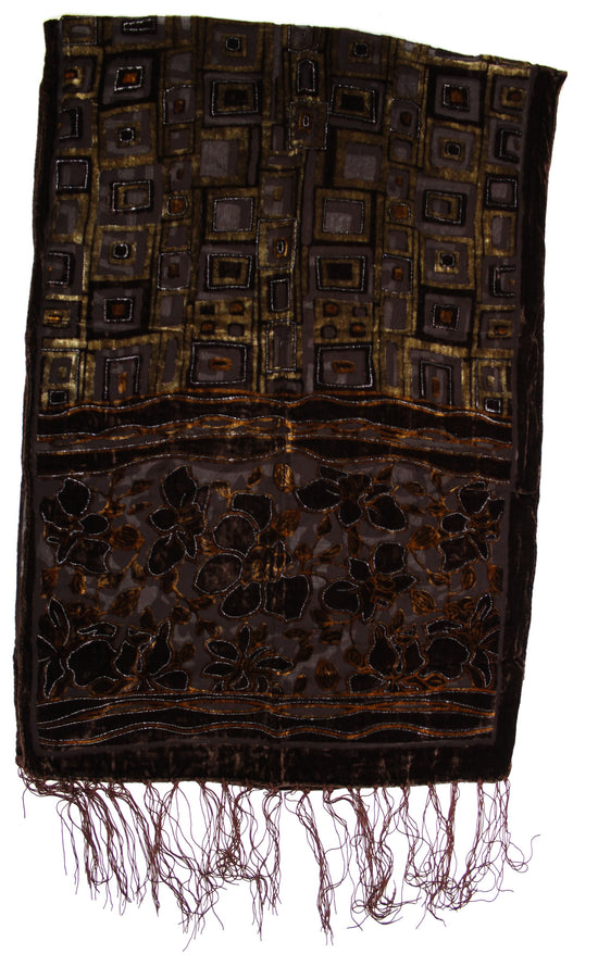 Black Red with Leaf Pattern Devore Velvet Scarf