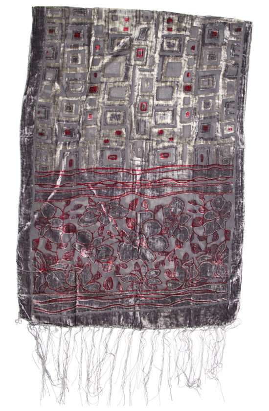 Grey Bronze with Leaf Designed Devore Velvet Scarf