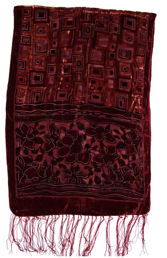 Brown Red Leaf Pattern Devore Velvet Scarf