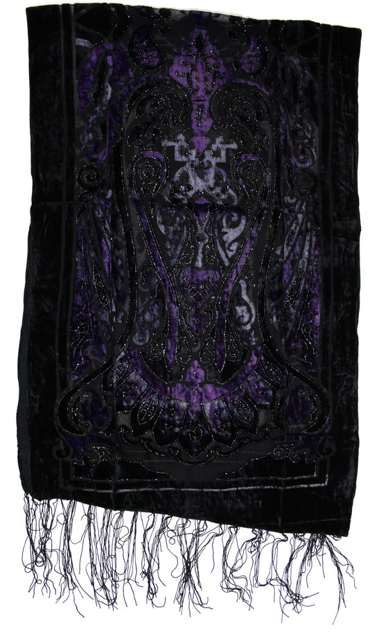 Purple Paisley Devore Velvet Scarf with Border