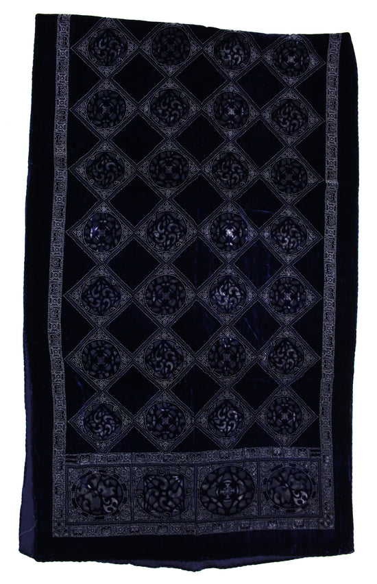 Dark Blue Square Patterned Devore Velvet Scarf