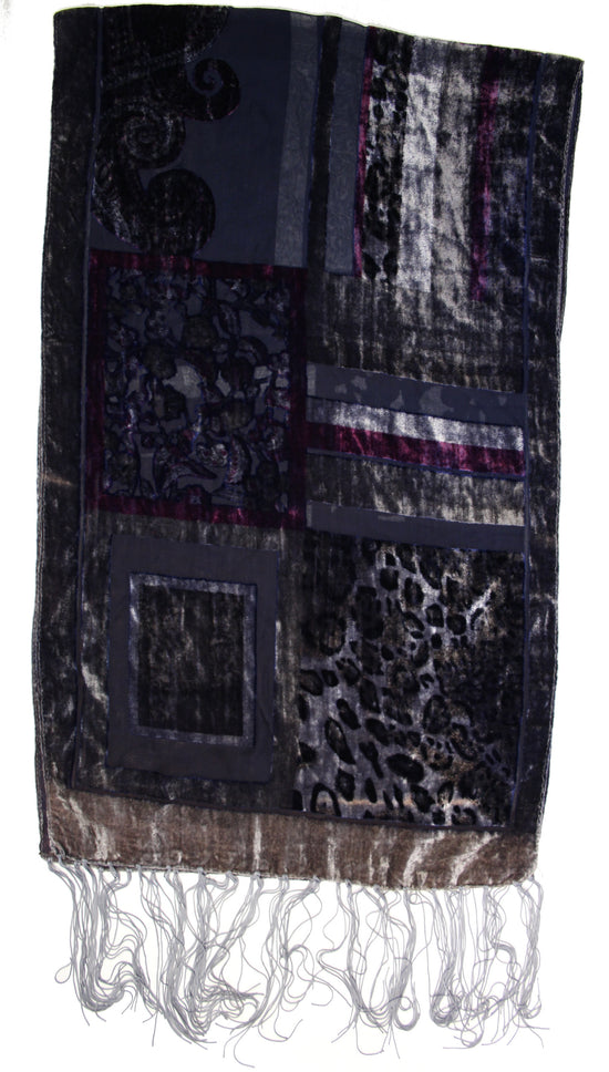 Multicoloured Devore Velvet Scarf with Blue Grey Border