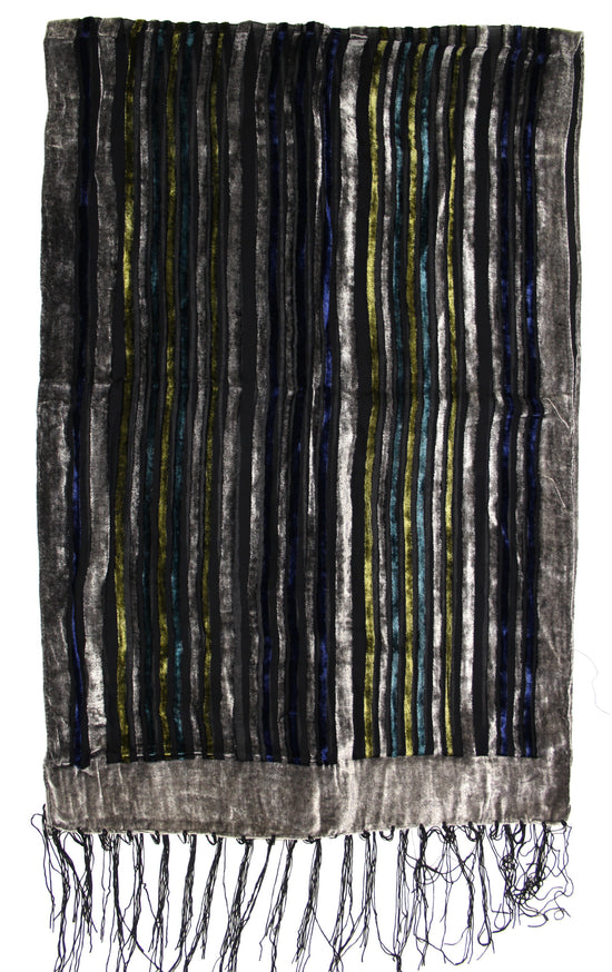 Multicoloured Stripe Devore Velvet Scarf with Border