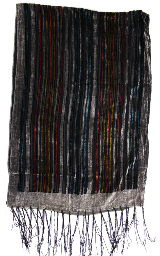 Multicoloured Stripe Devore Velvet Scarf with Border
