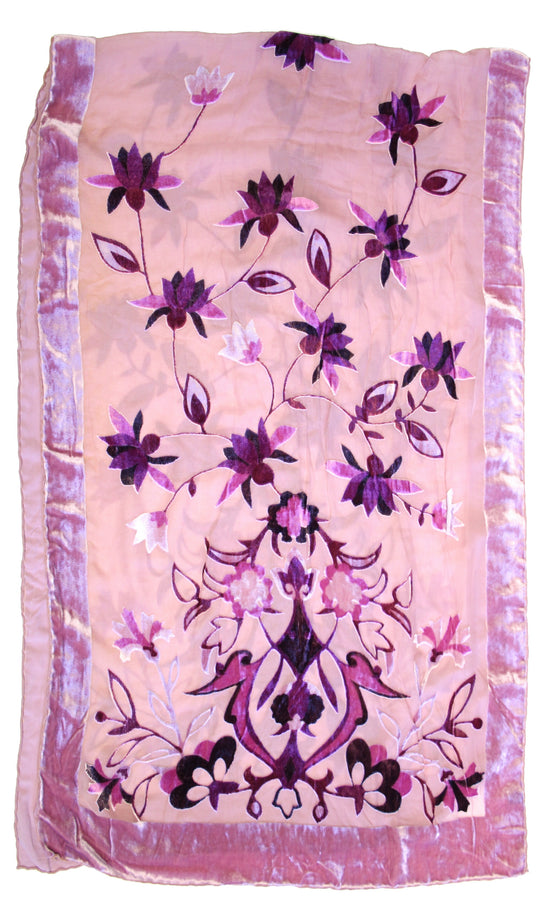 Pink Purple Floral Devore Velvet Scarf Border