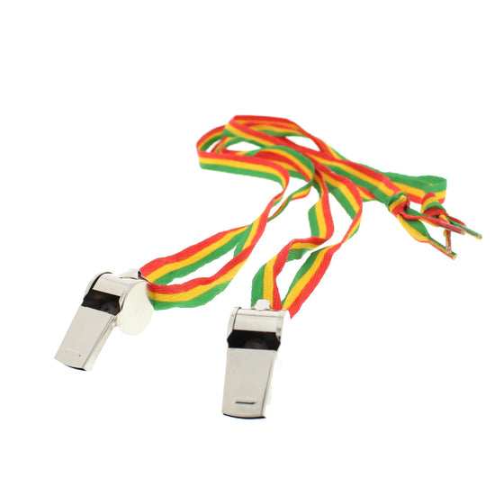 Pair of Metal Whistles on Rasta Shoelaces