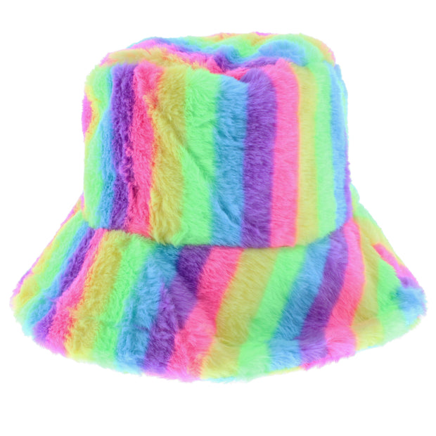 Rainbow Stripy Faux Fur Bucket Hat