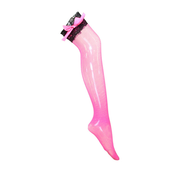 Neon Pink Mid-Thigh Stockings with Black Lace & Pink Bow