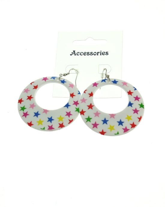 White Disc Earrings with Multicolour Stars