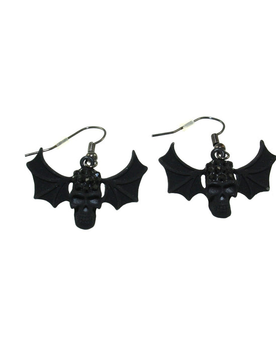 Jewelled Black Skull with Bat Wings Earrings