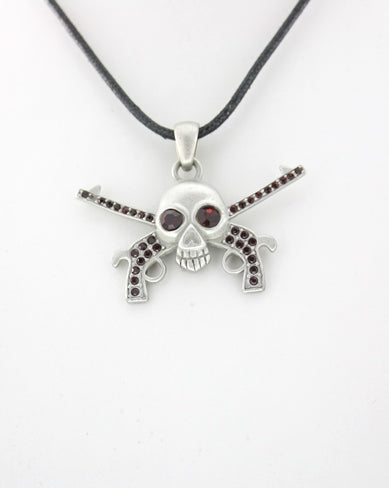 Skull and Cross Guns with red stones Thong Necklace