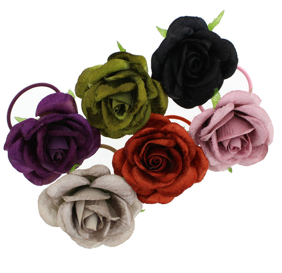 Assorted Colour Fabric Rose Flowers on Elastic Hair Band
