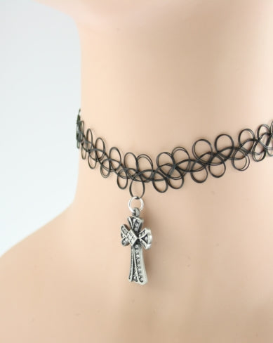 Black Tattoo Necklace with Jewelled Cross