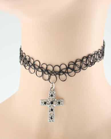 Black Tattoo Necklace with black stone cross